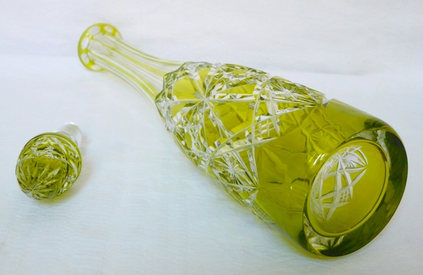 Baccarat crystal liquor decanter, Lagny pattern, light green overlay crystal