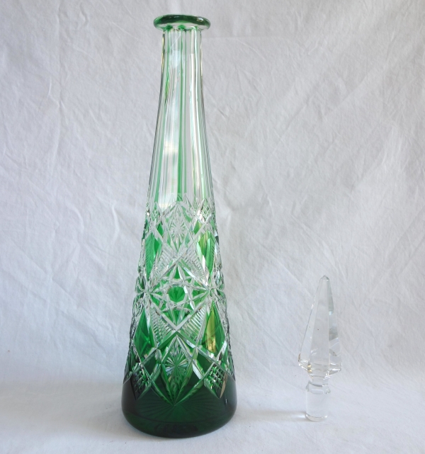 Green overlay Baccarat crystal wine bottle, Lagny pattern - 42cm