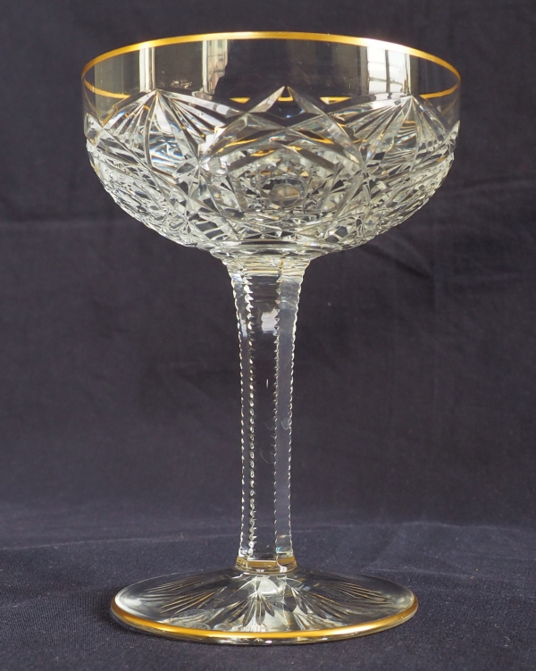 Baccarat crystal champagne glass, Lagny pattern gilt with fine gold