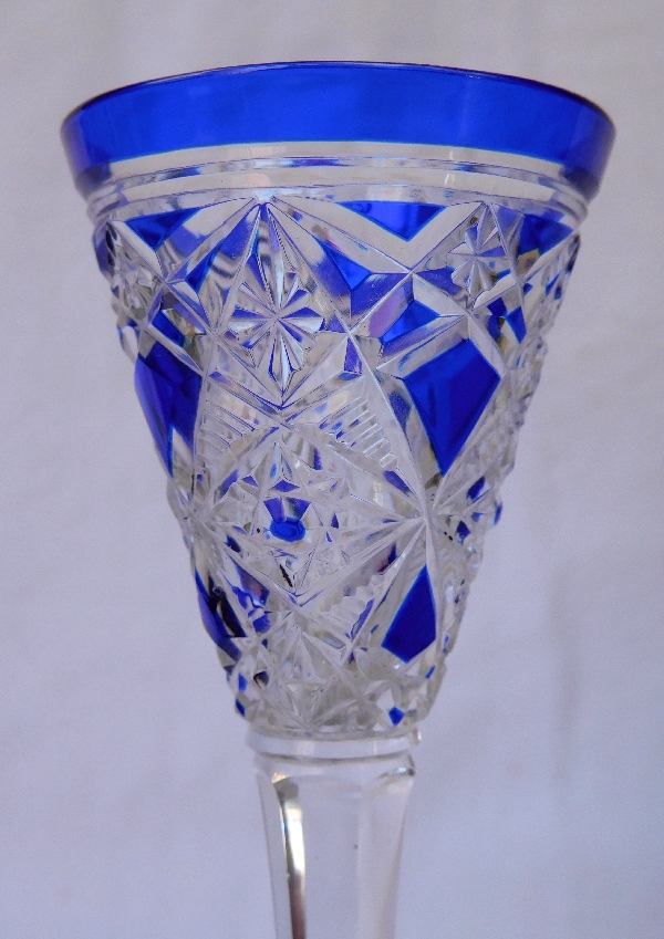 Baccarat crystal liquor glass, Lagny pattern, blue overlay crystal