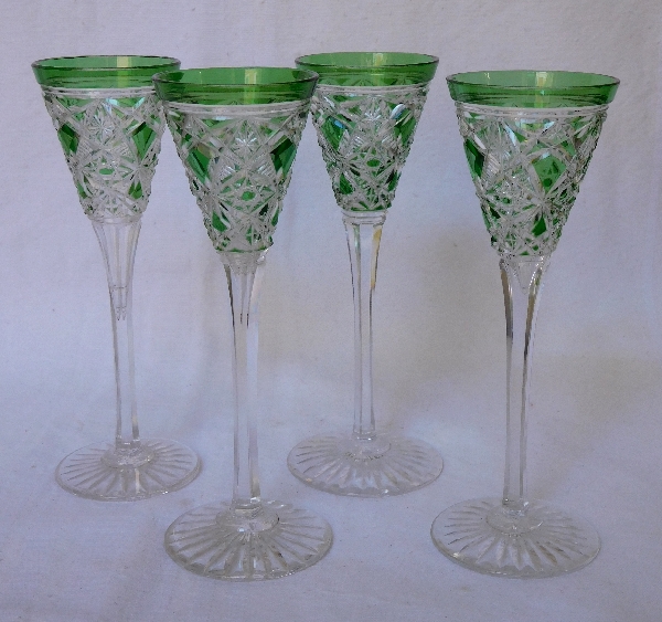 Baccarat crystal liquor glass, Lagny pattern, green overlay crystal