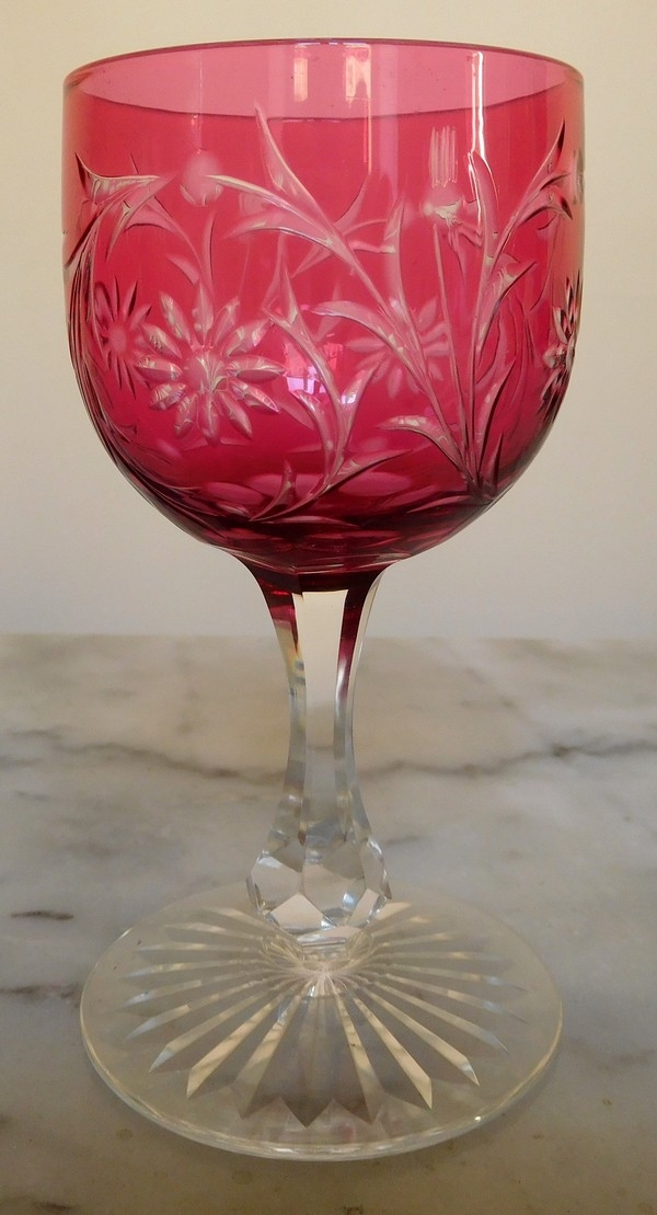 Baccarat crystal wine glass, pink overlay crystal, Maintenon pattern