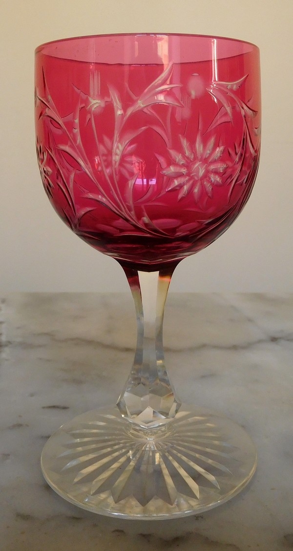 Baccarat crystal wine glass, pink overlay crystal, Maintenon pattern