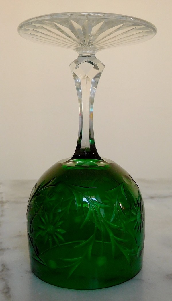Baccarat crystal wine glass, green overlay crystal, Maintenon pattern