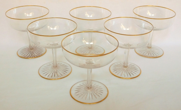 Baccarat crystal champagne glass, F shape, cut crystal enhanced with fine gold