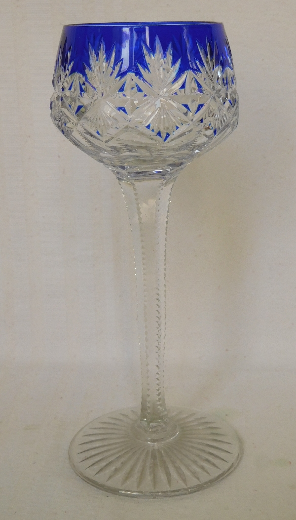 St Louis crystal hock glass, Gavarni pattern, cobalt blue overlay crystal