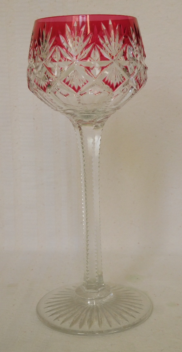 St Louis crystal hock glass, Gavarni pattern, pink overlay crystal