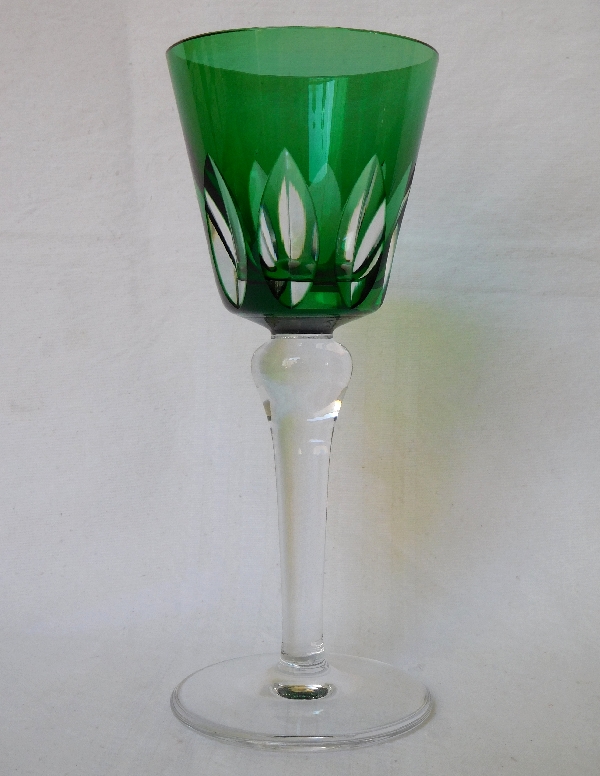 Rare green St Louis overlay crystal hock glass, Jersey pattern - signed