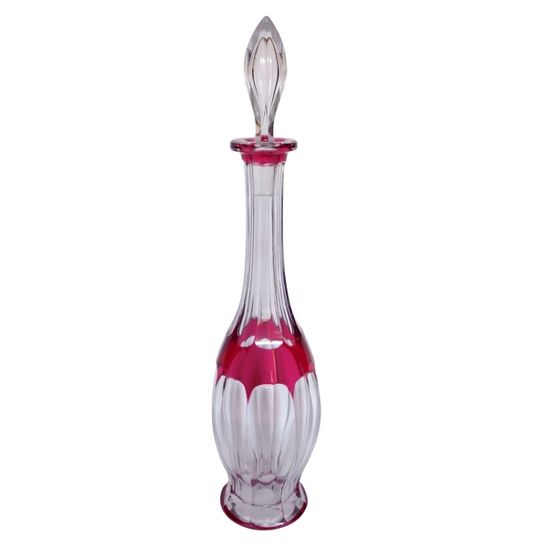 St Louis crystal liquor decanter, Joseph pattern, pink overlay crystal