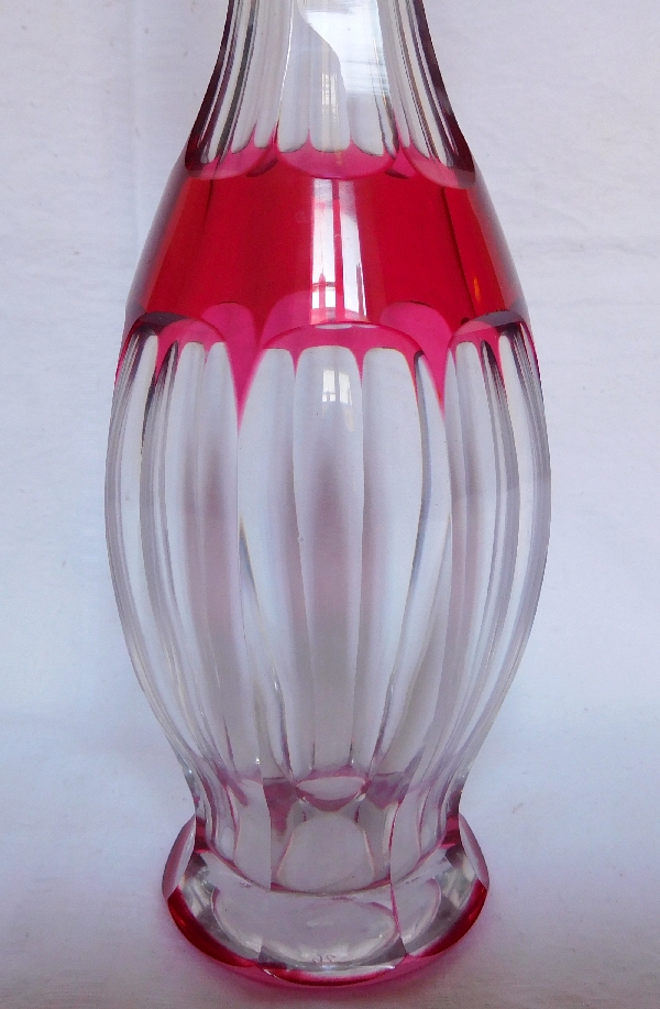 St Louis crystal liquor decanter, Joseph pattern, pink overlay crystal