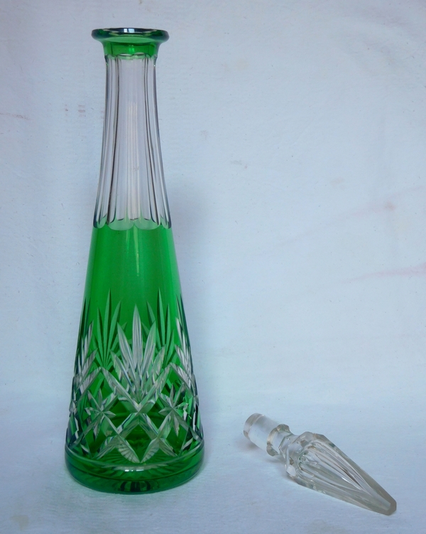 St Louis crystal liquor decanter, green overlay, Masset pattern
