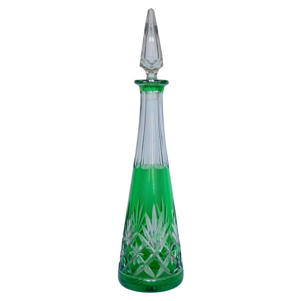 St Louis crystal wine decanter, Massenet pattern, green overlay crystal