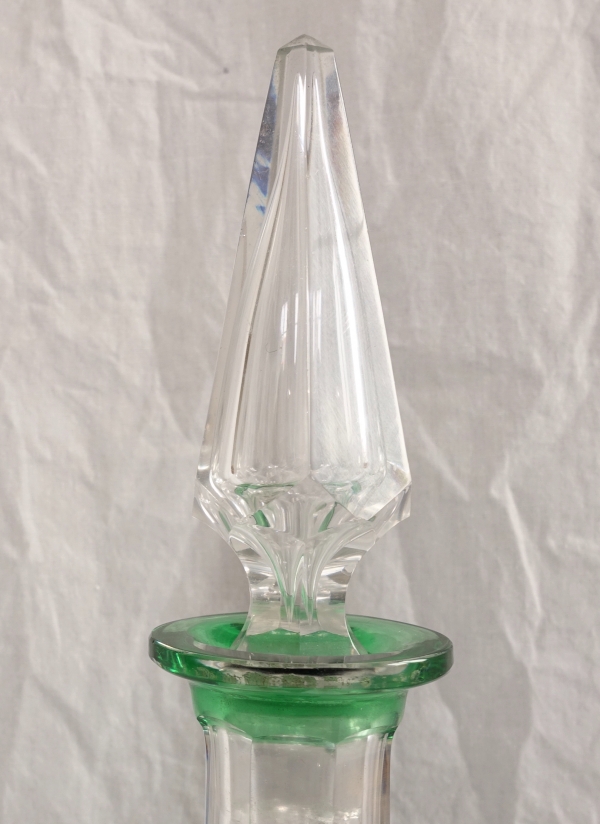 St Louis crystal wine decanter, Massenet pattern, green overlay crystal