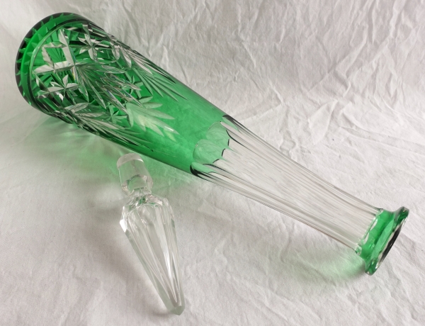 St Louis crystal wine decanter, Massenet pattern, green overlay crystal