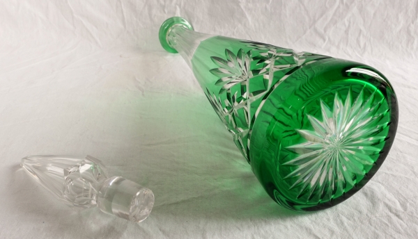 St Louis crystal wine decanter, Massenet pattern, green overlay crystal