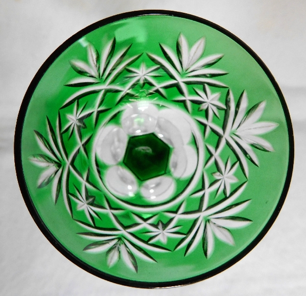 St Louis overlay crystal liquor glass, Massenet pattern, green overlay crystal