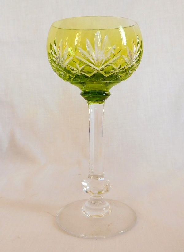 St Louis overlay crystal hock glass, Massenet pattern, light green overlay crystal - signed