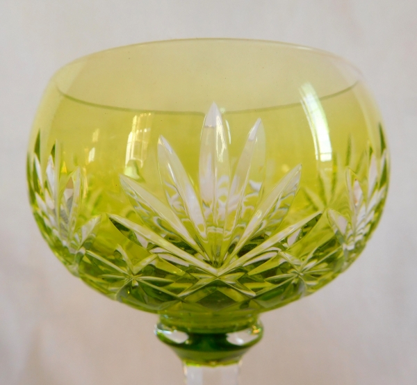 St Louis overlay crystal hock glass, Massenet pattern, light green overlay crystal - signed