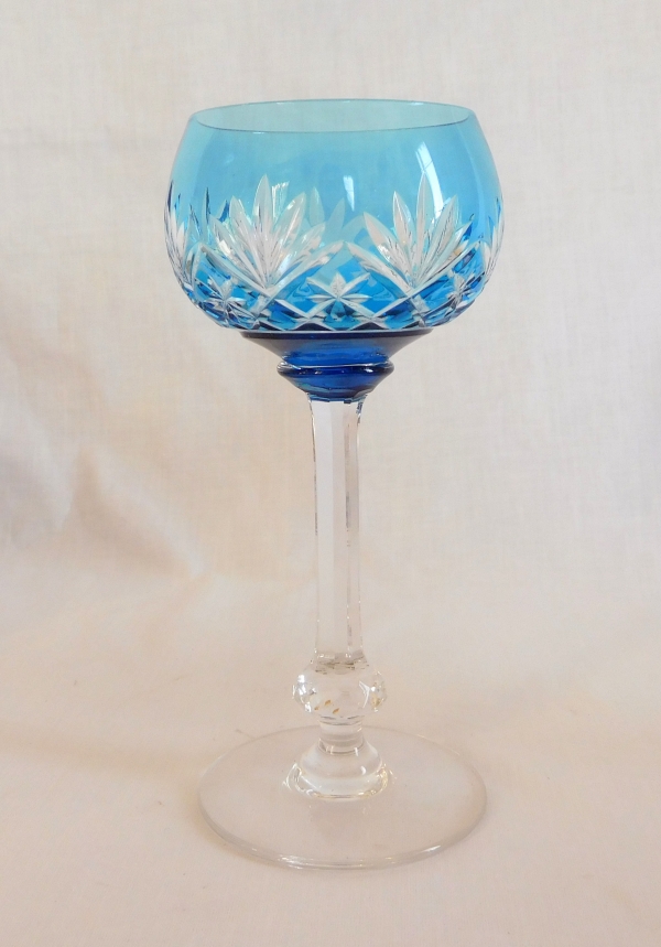 St Louis overlay crystal hock glass, Massenet pattern, light blue / turquoise overlay crystal - signed