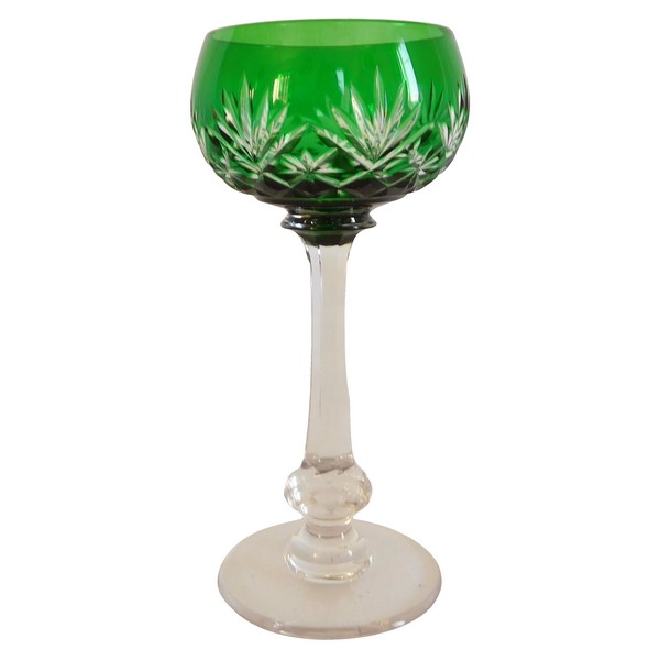 St Louis overlay crystal hock glass, Massenet pattern, green overlay crystal - signed