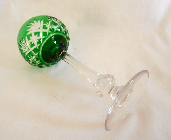 St Louis overlay crystal hock glass, Massenet pattern, green overlay crystal - signed