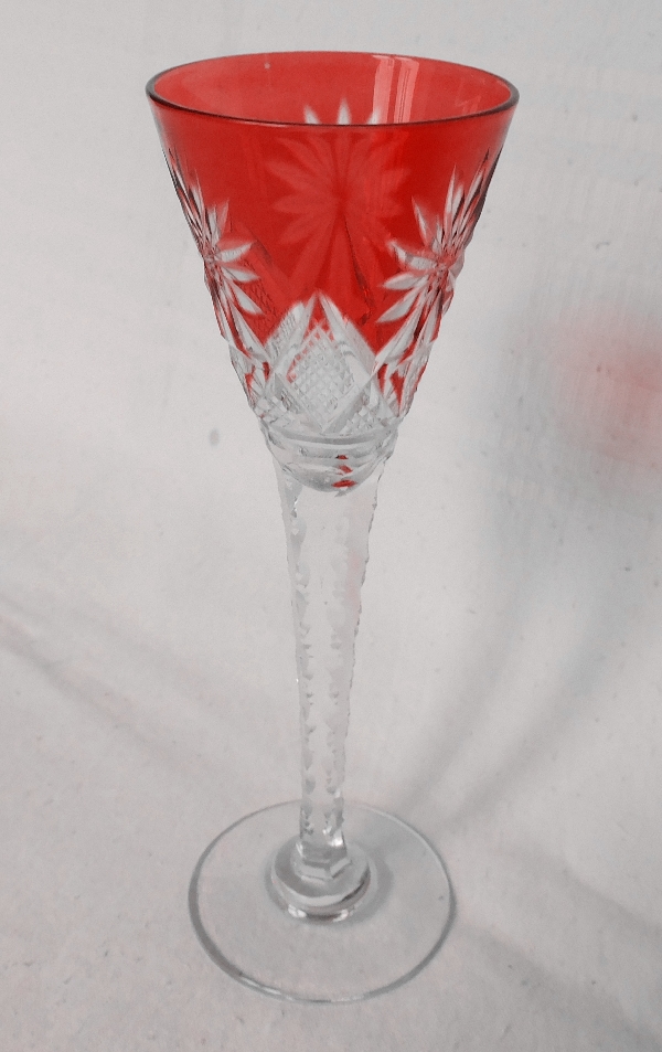 St Louis crystal liquor glass, Nelly pattern, red overlay crystal