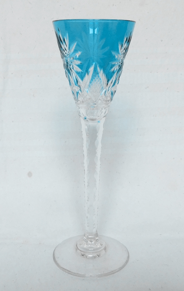 St Louis crystal liquor glass, Nelly pattern, turquoise overlay crystal