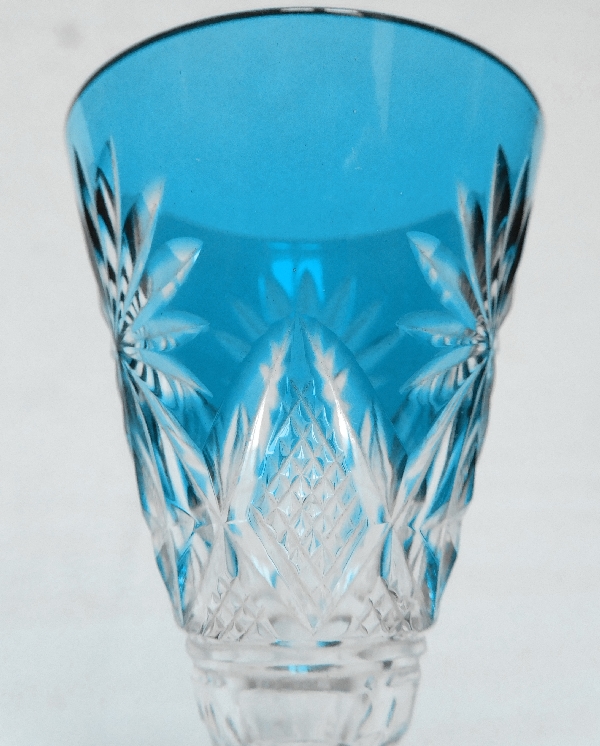 St Louis crystal liquor glass, Nelly pattern, turquoise overlay crystal