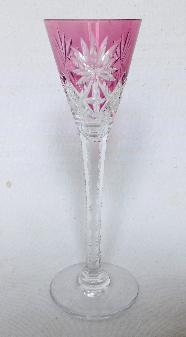 St Louis crystal liquor glass, Nelly pattern, purple overlay crystal