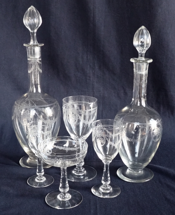 Tall St Louis crystal wine decanter, Sapho pattern, Louis XVI style engraved decoration - 37.5cm