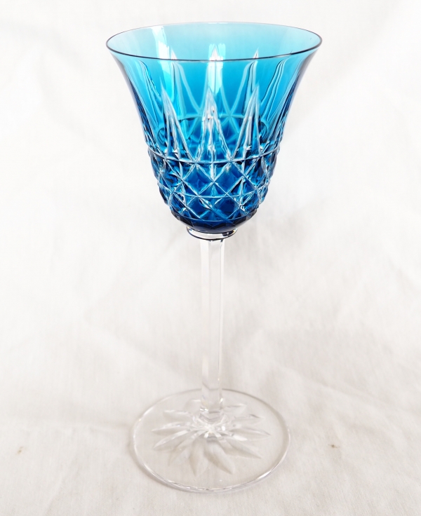 St Louis crystal hock glass, Tarn pattern, blue overlay crystal - 19.8cm