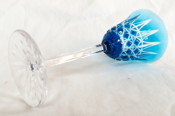 St Louis crystal hock glass, Tarn pattern, blue overlay crystal - 19.8cm
