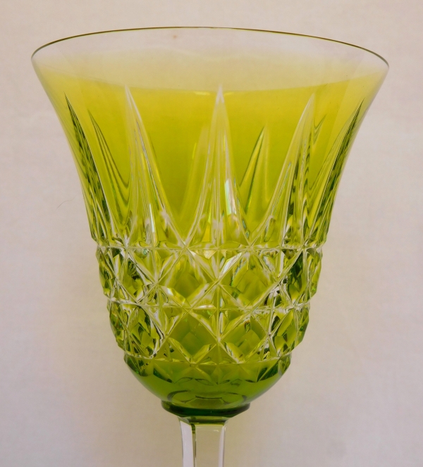 St Louis crystal hock glass, Tarn pattern, lime-green overlay crystal - 19.8cm