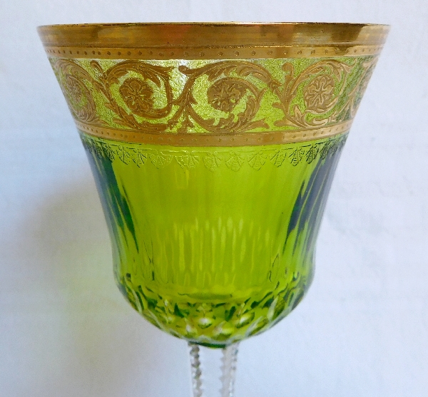 St Louis crystal water glass, light green Thistle pattern - signed - 20.7cm