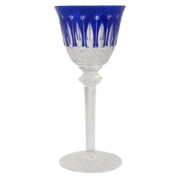 St Louis crystal hock glass, Tommy pattern, cobalt blue overlay crystal - signed - 19.8cm