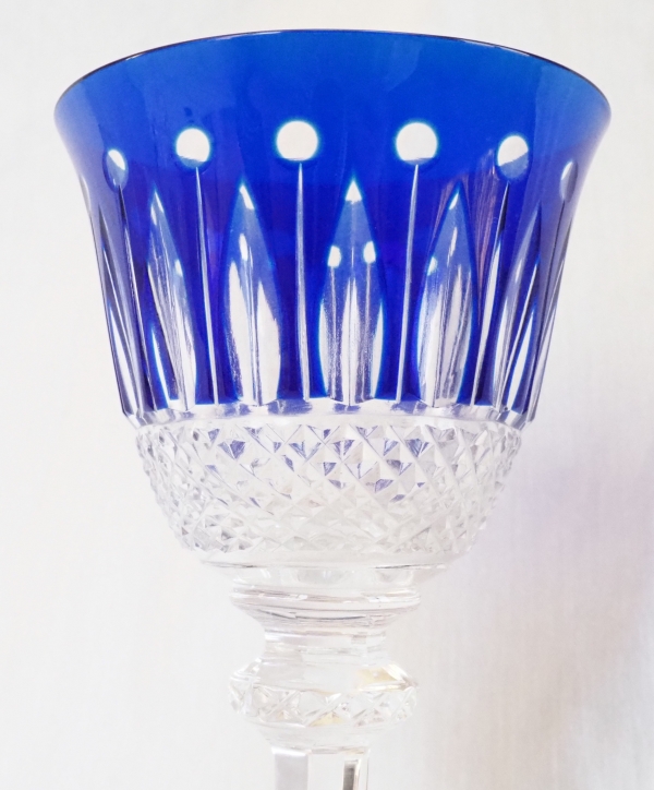 St Louis crystal hock glass, Tommy pattern, cobalt blue overlay crystal - signed - 19.8cm