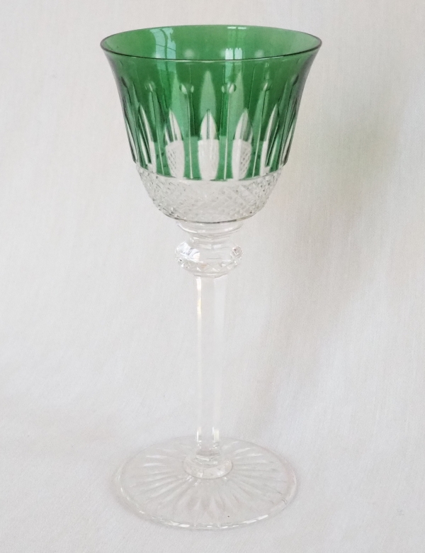St Louis crystal hock glass, Tommy pattern, green overlay crystal - signed - 19.8cm