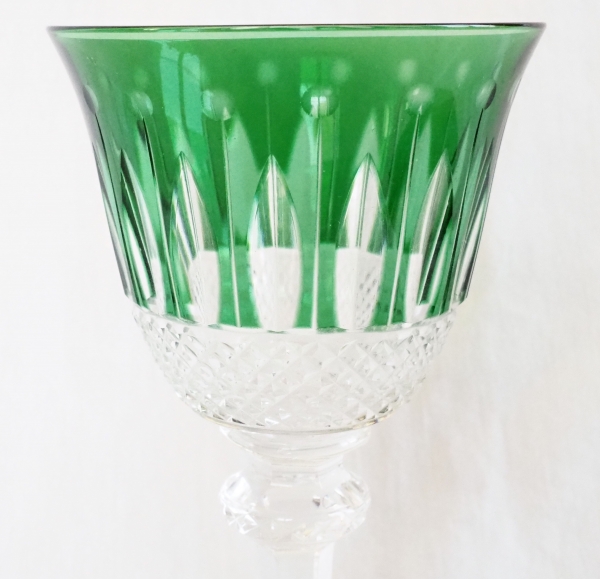 St Louis crystal hock glass, Tommy pattern, green overlay crystal - signed - 19.8cm