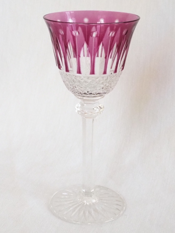 St Louis crystal hock glass, Tommy pattern, purple overlay crystal - signed - 19.8cm