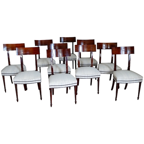 Set of 10 Directoire mahogany dining chairs, horsehair covers, model by Jacob - late 18th century