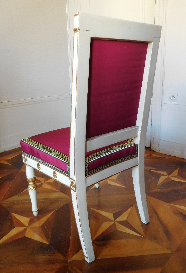 Marcion : série de 4 chaises d'époque Empire en bois laqué et doré estampillées