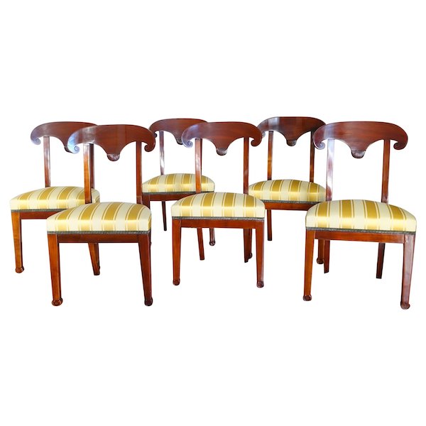 Set of 6 Empire mahogany chairs, shield-shaped backrest model created by Marcion