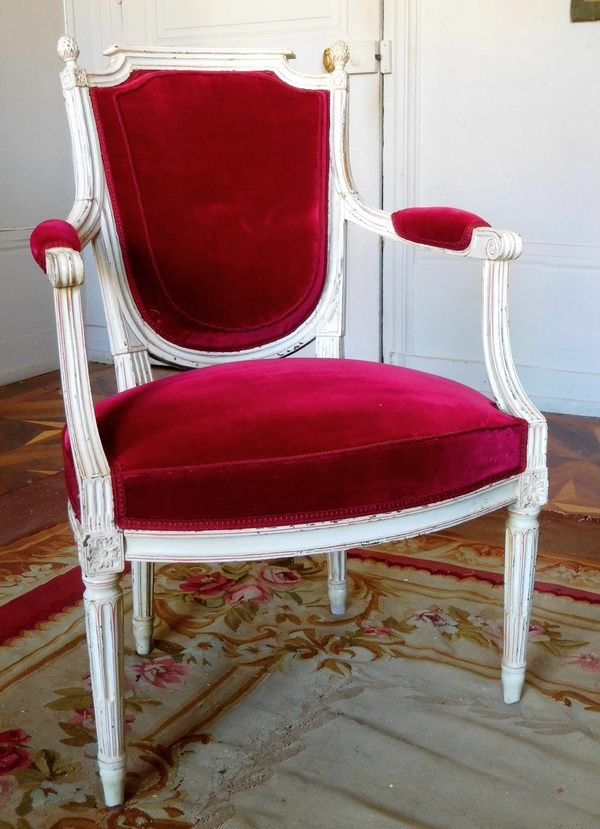 Roussens : mobilier de salon, 6 fauteuils cabriolets Louis XVI en velours de soie - estampille
