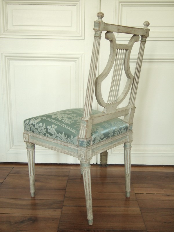 6 chaises lyre d'époque Louis XVI, soie bleue, modèle de Jacob