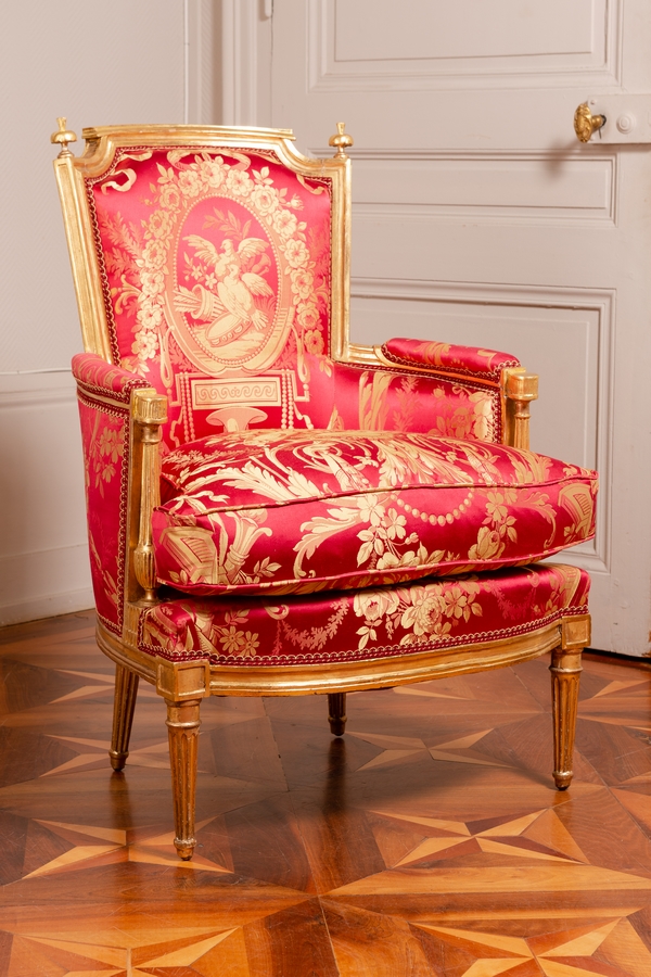 Pair of Louis XVI Style Bergère Chairs Upholstered in Raw Silk
