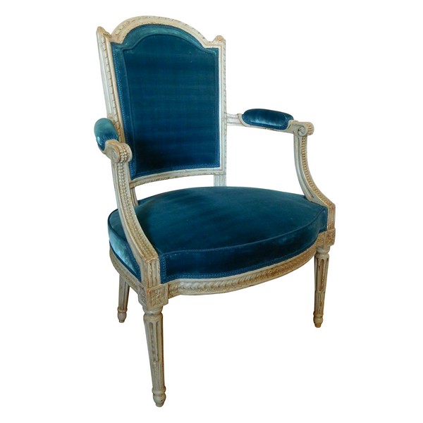 Very finely carved Louis XVI cabriolet armchair - rich blue silk velvet