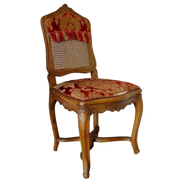 Louis XV caned chair, original Genoa velvet, 18th century