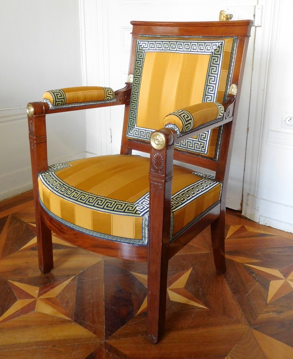 Bellangé : fauteuil de bureau de cabinet d'époque Empire en acajou vernis au tampon
