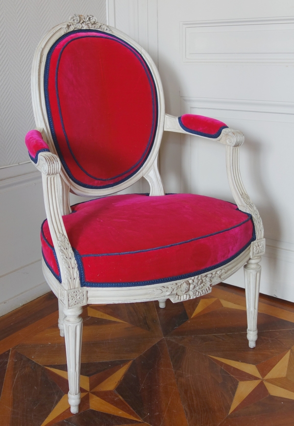 Jean-Baptiste Boulard : fauteuil cabriolet d'époque Louis XVI, velours de soie - estampillé