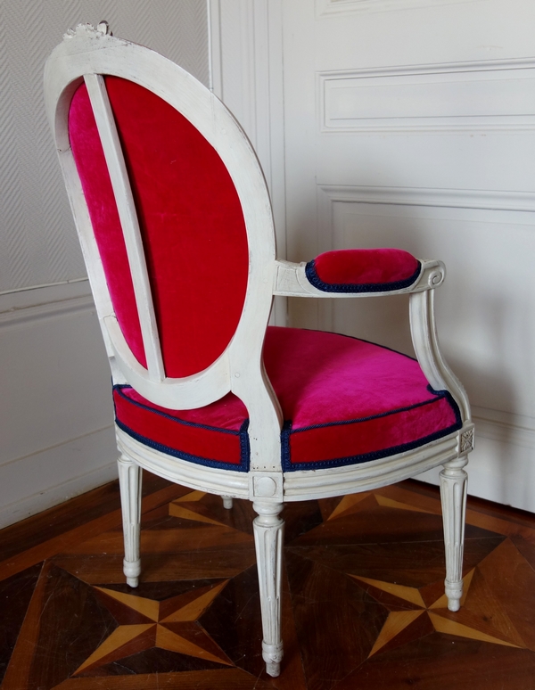 Jean-Baptiste Boulard : fauteuil cabriolet d'époque Louis XVI, velours de soie - estampillé